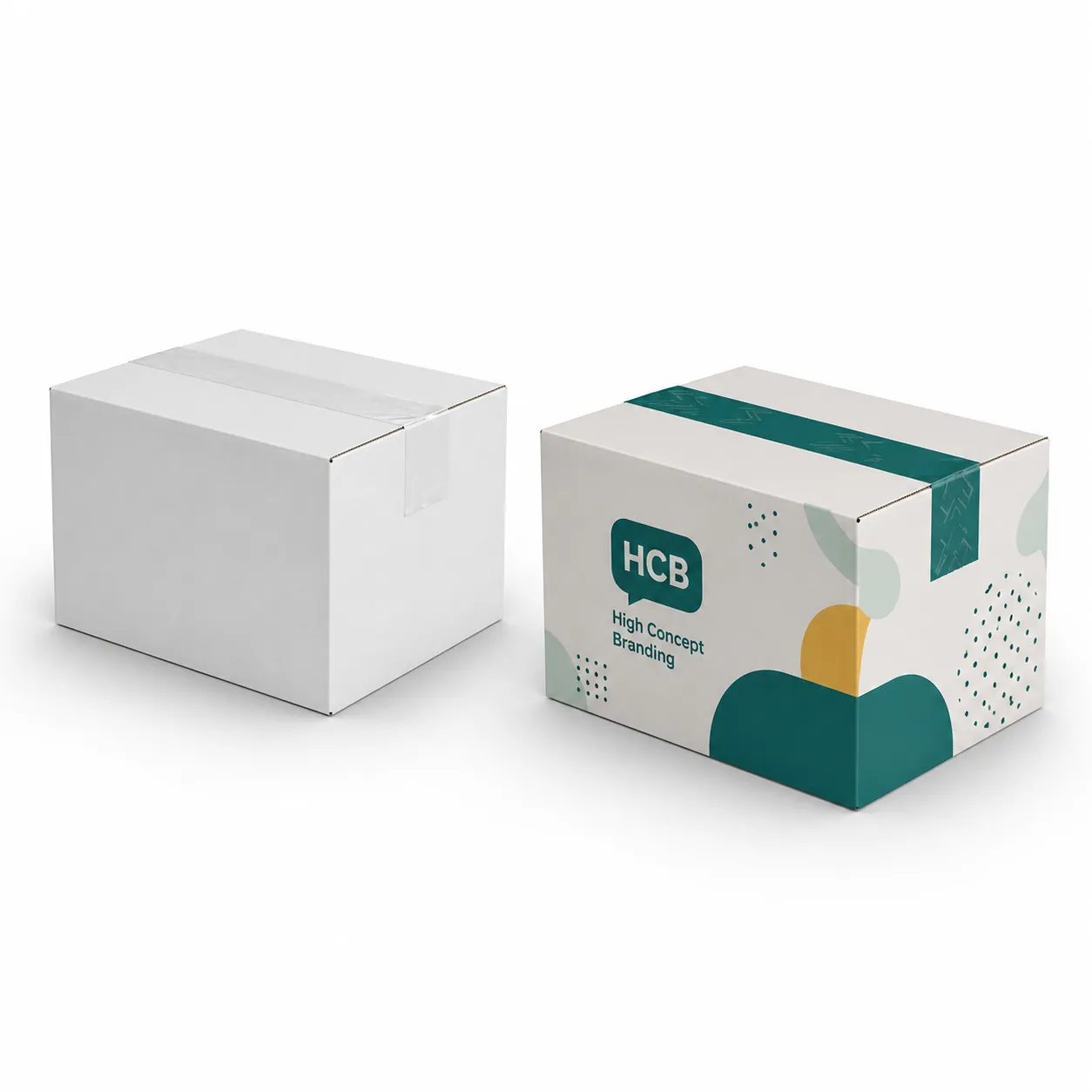 Sealed plain white and custom branded shipping cartons with secure teal tape for reliable logistics and distribution. class=